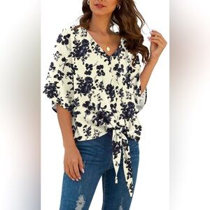 Tie Front Chiffon Blouse V Neck Batwing Short Sleeve Floral Top 2XL EUC